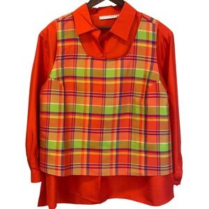 Vintage Jessica Holbrook Orange Plaid Silk Vest & Button Up Set Size‎ 1X